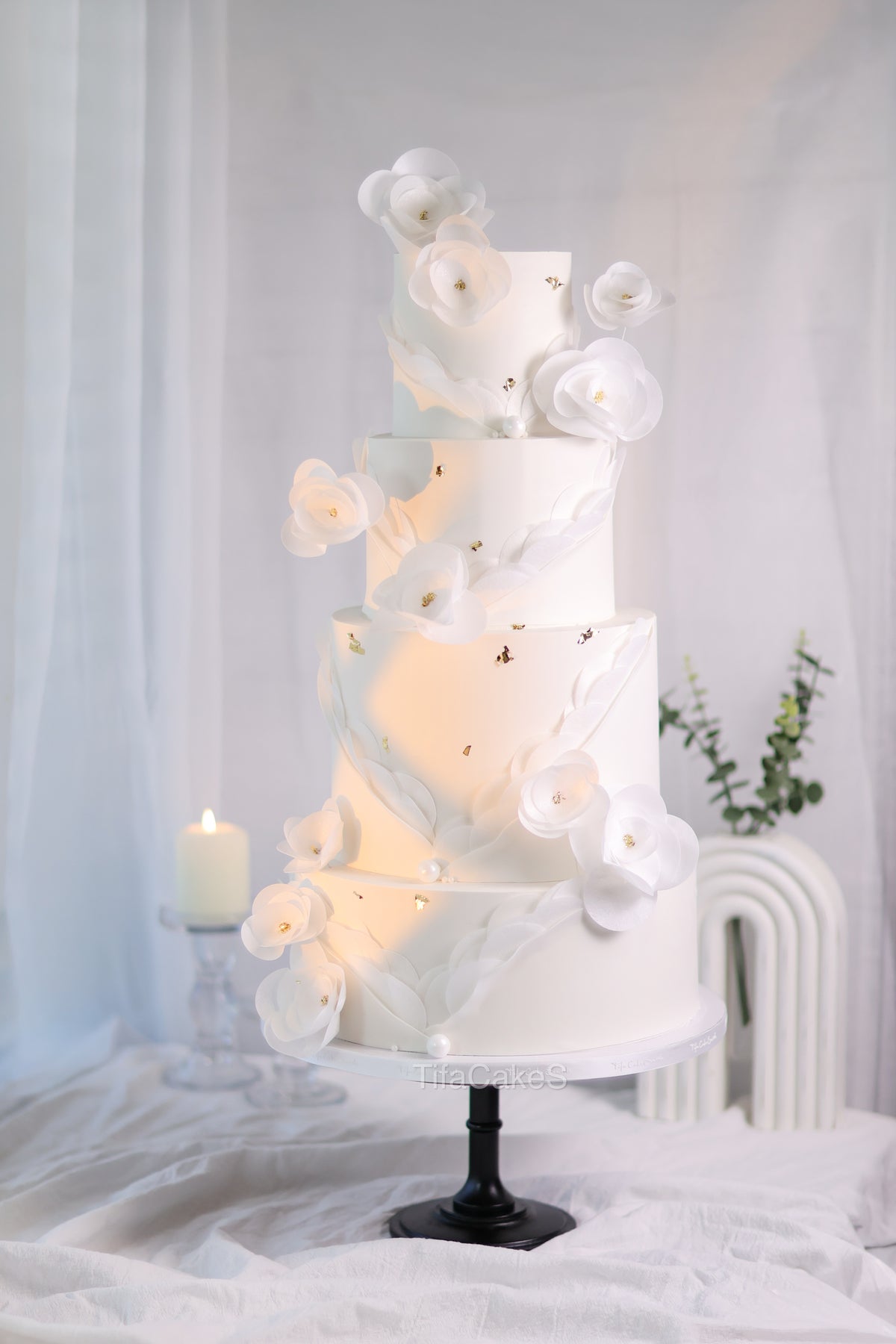 4 tiers wedding cake|wafer paper flowers