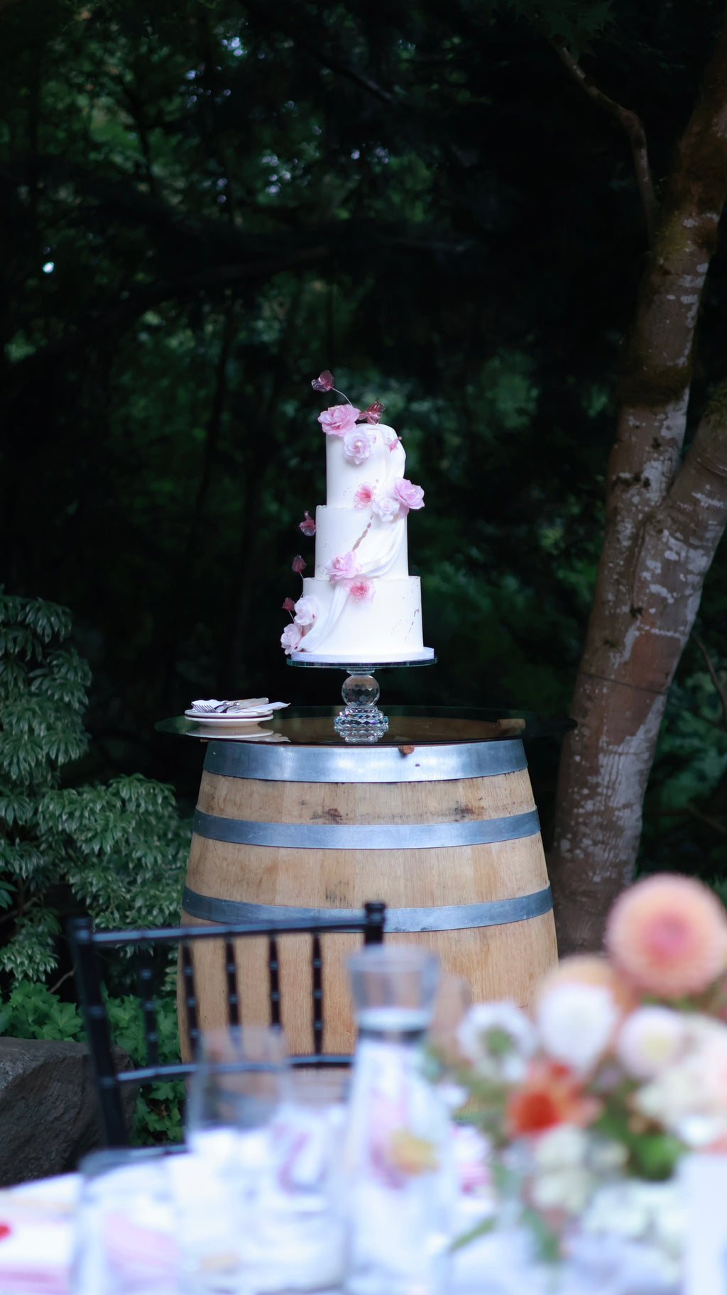 Pink sugar flower wedding cake