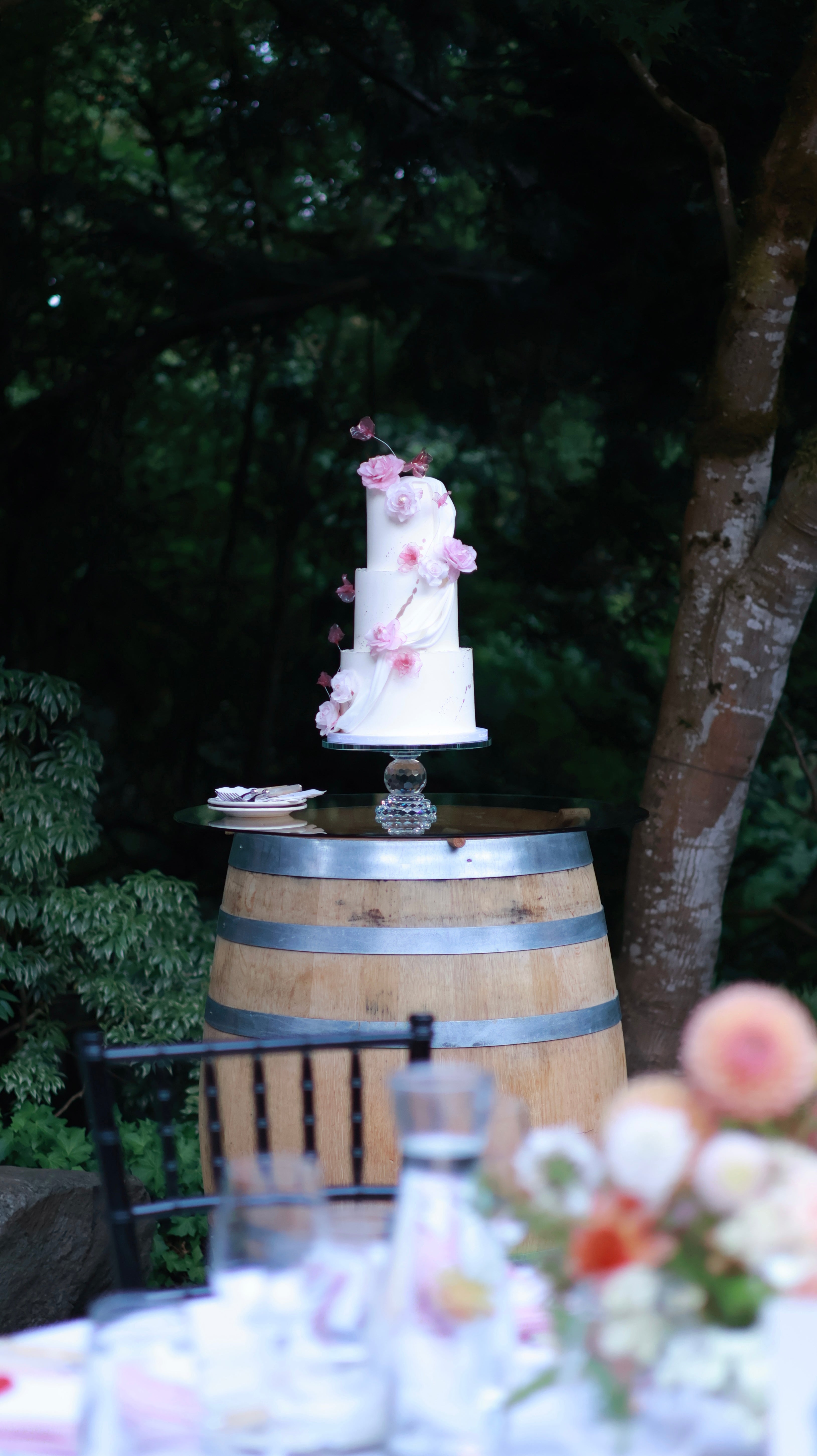 Pink sugar flower wedding cake